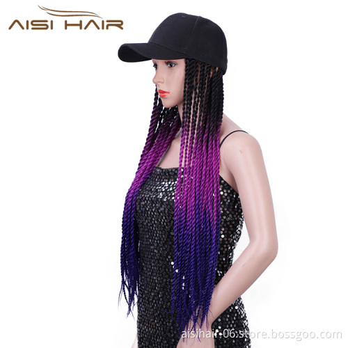 Aisi Hair Vendor Baseball Hat With Long Ombre Purple Twist Crochet Braiding Hair Extension For Black Women Synthetic Hair Wigs